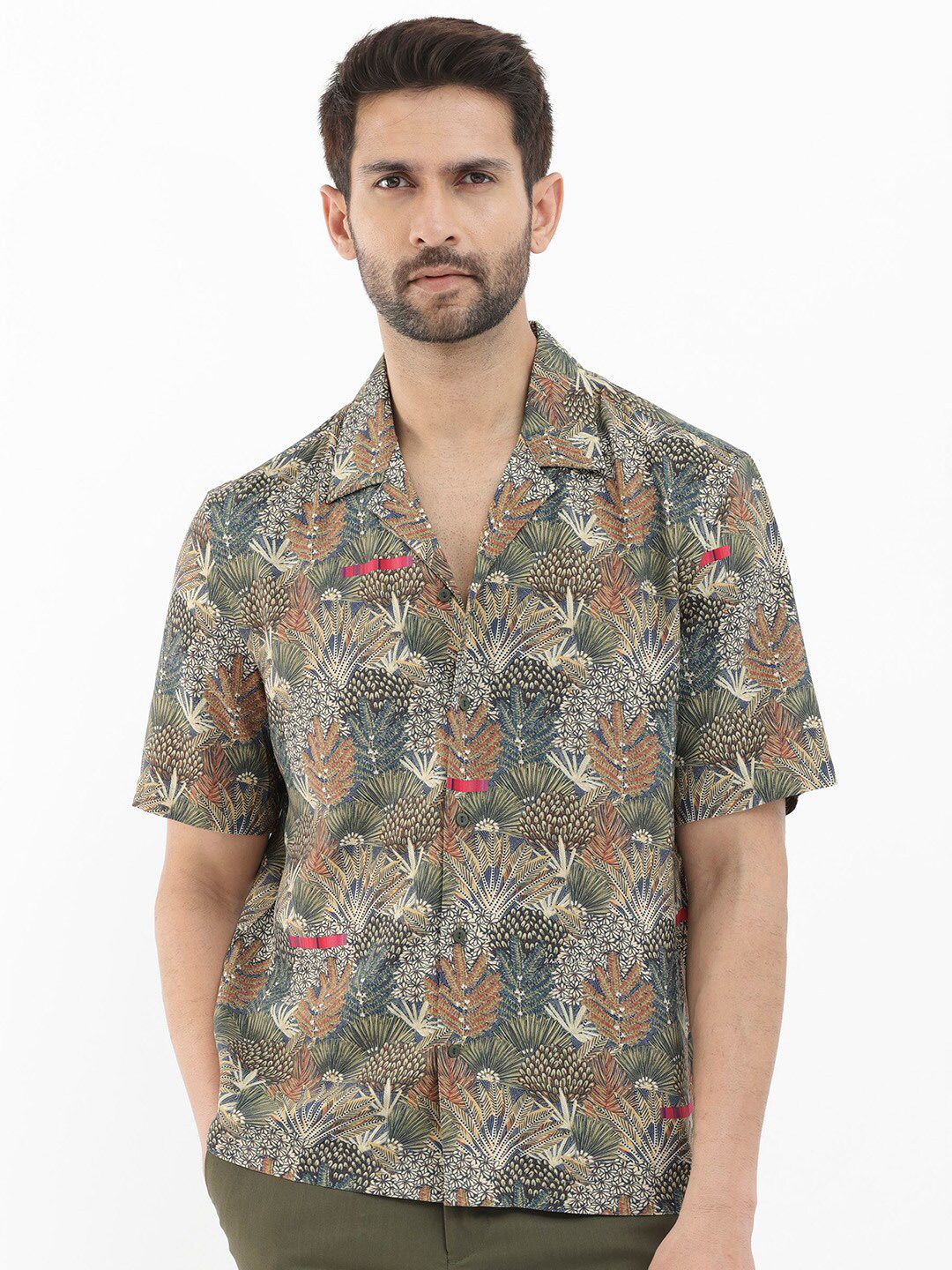 RARE RABBIT Men Grake Tropical Printed Slim Fit Cuban Collar Shirt