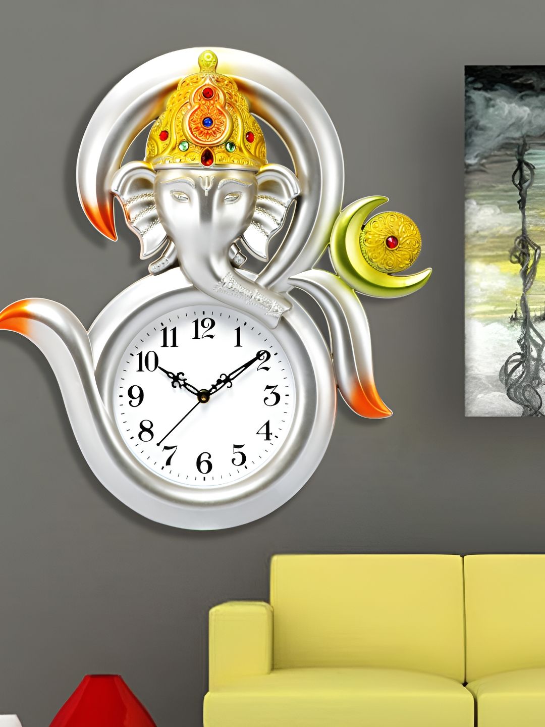Attractionz Silver Toned Yellow Textured Round Analog Contemporary Wall Clock-picture-10