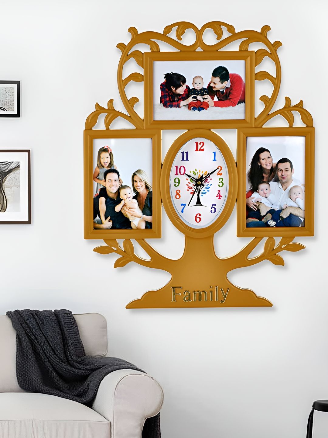 Attractionz Beige Tree Photo Frame Oval Shaped Contemporary Analogue Wall Clock-picture-21