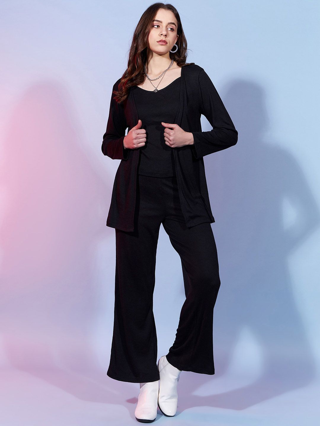 DressBerry Black Shoulder Straps Pure Cotton Top & Trouser With Shrug