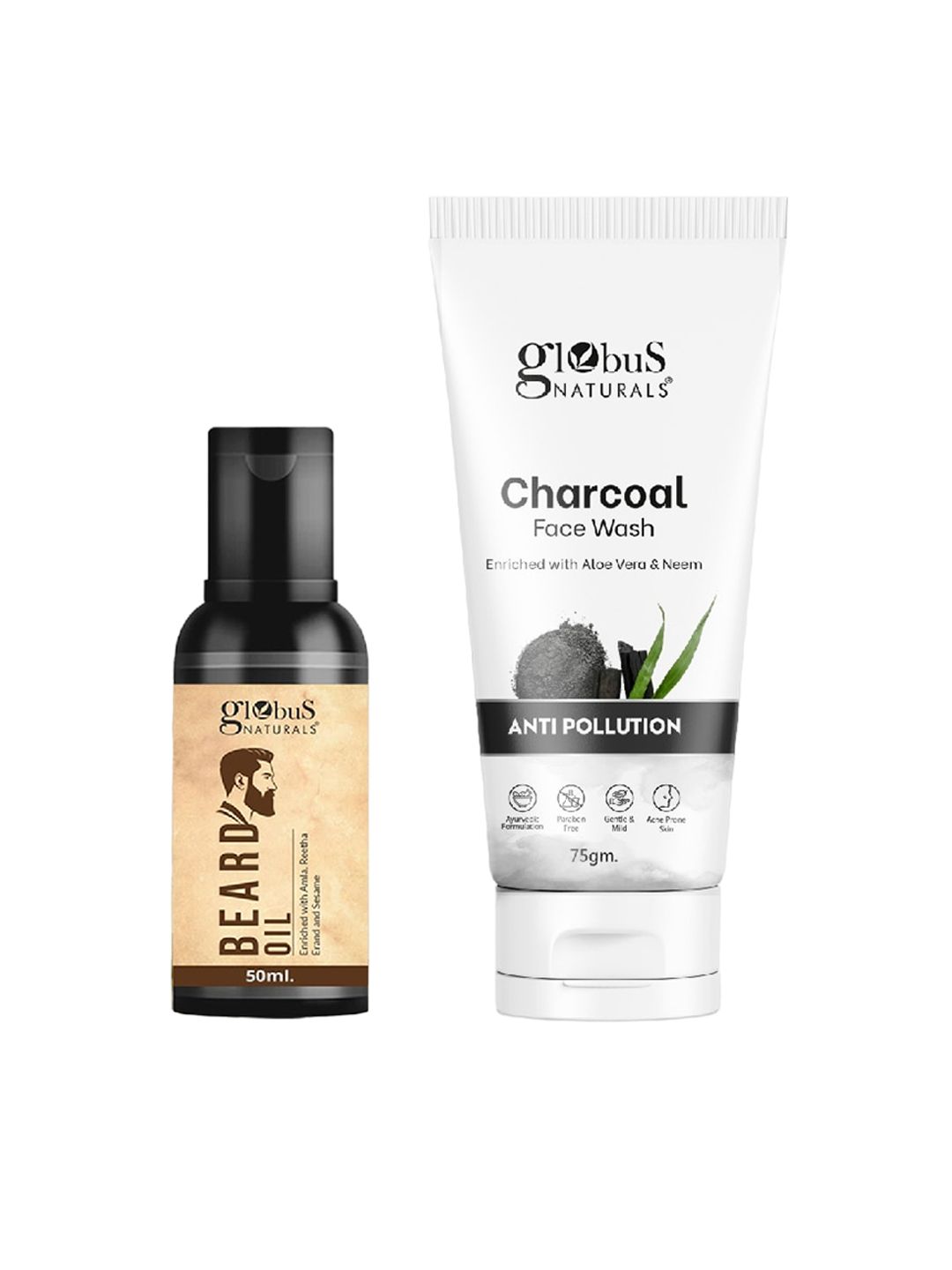 Globus naturals 2-Pcs Charcoal Face Wash 75g & Beard Oil 50ml Combo