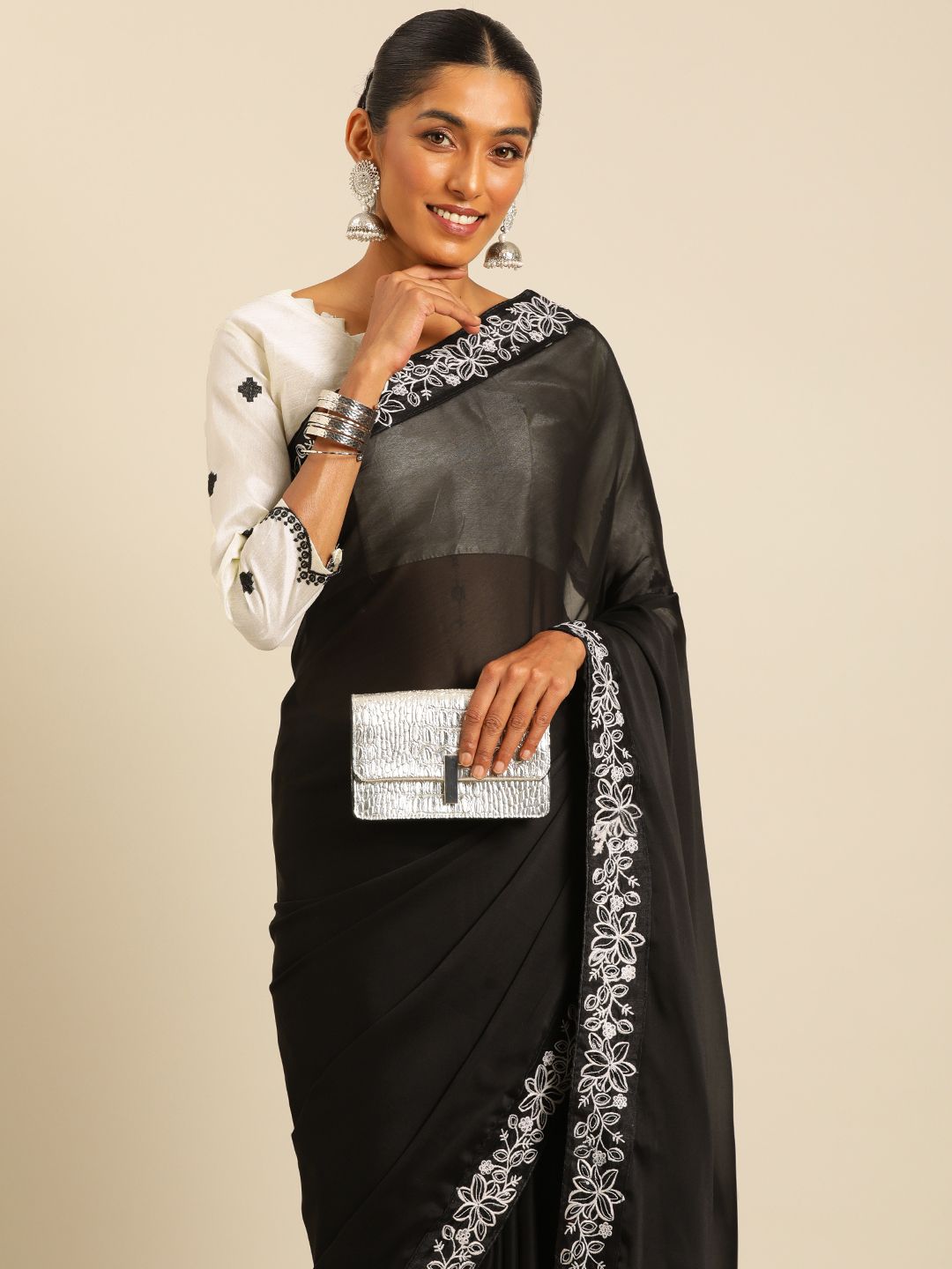 HERE&NOW Solid Sequinned Silk Blend Saree-picture-16