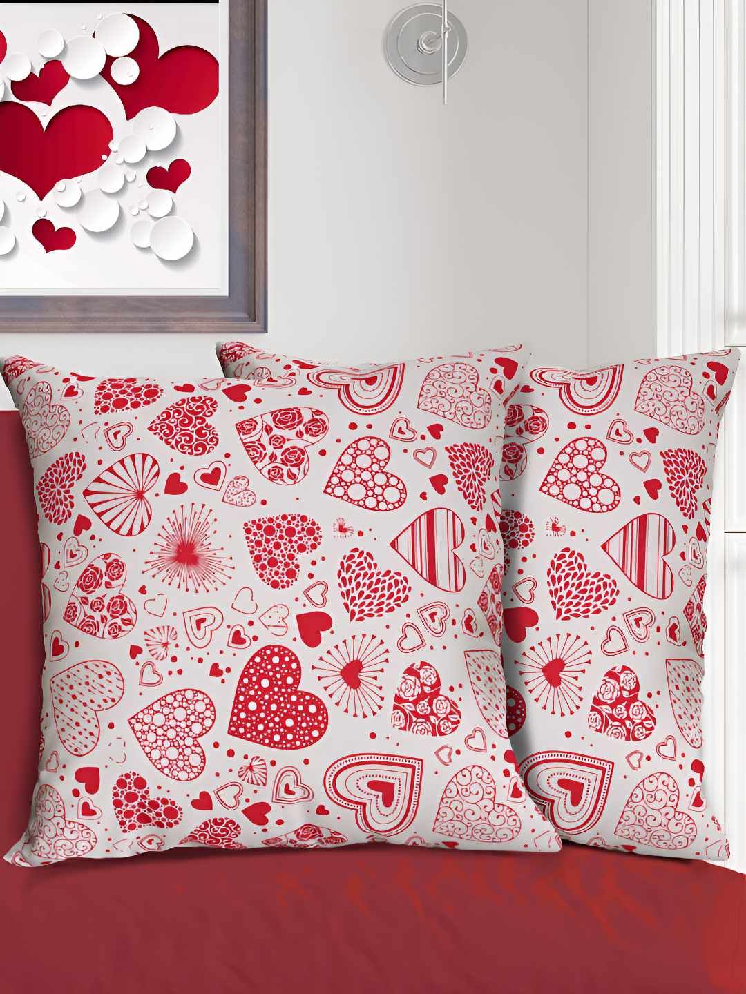 HOME COLORS.IN Red & White 2 Pcs Cotton Geometric Square Cushion Covers-picture-25