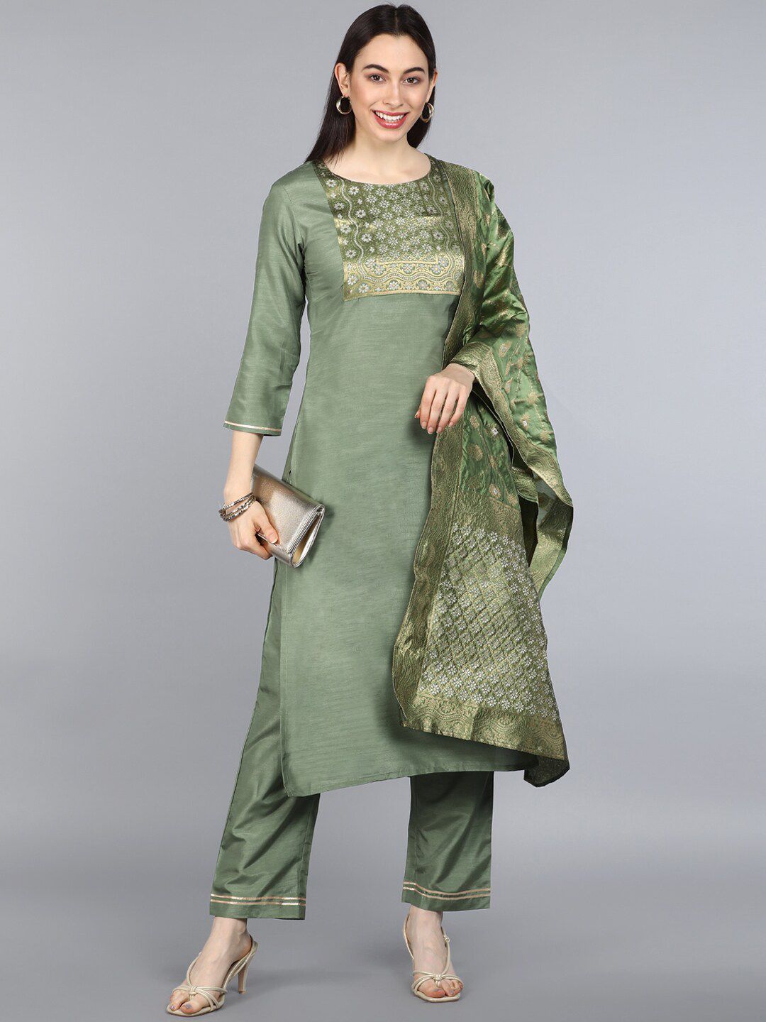 KALINI Ethnic Motifs Yoke Design Straight Kurta & Trousers With Dupatta-picture-11