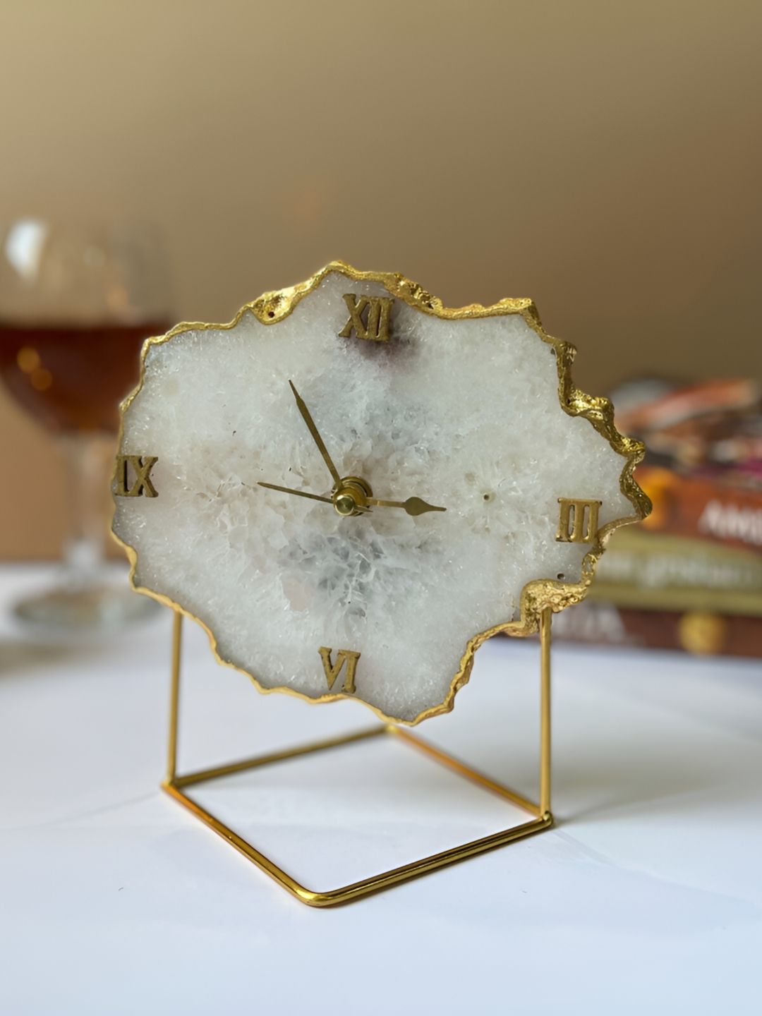HOMEARTE White & Gold Toned Abstract Shaped Crystal Vintage Analogue Table Clock-picture-16