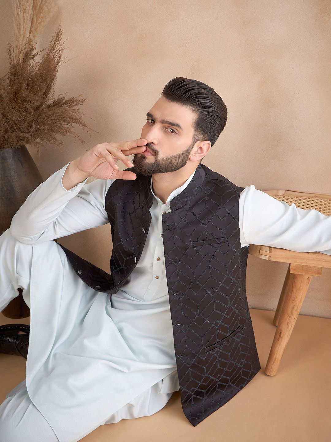 House of Pataudi Jacquard Woven Design Mandarin Collar Zari Work Nehru Jacket