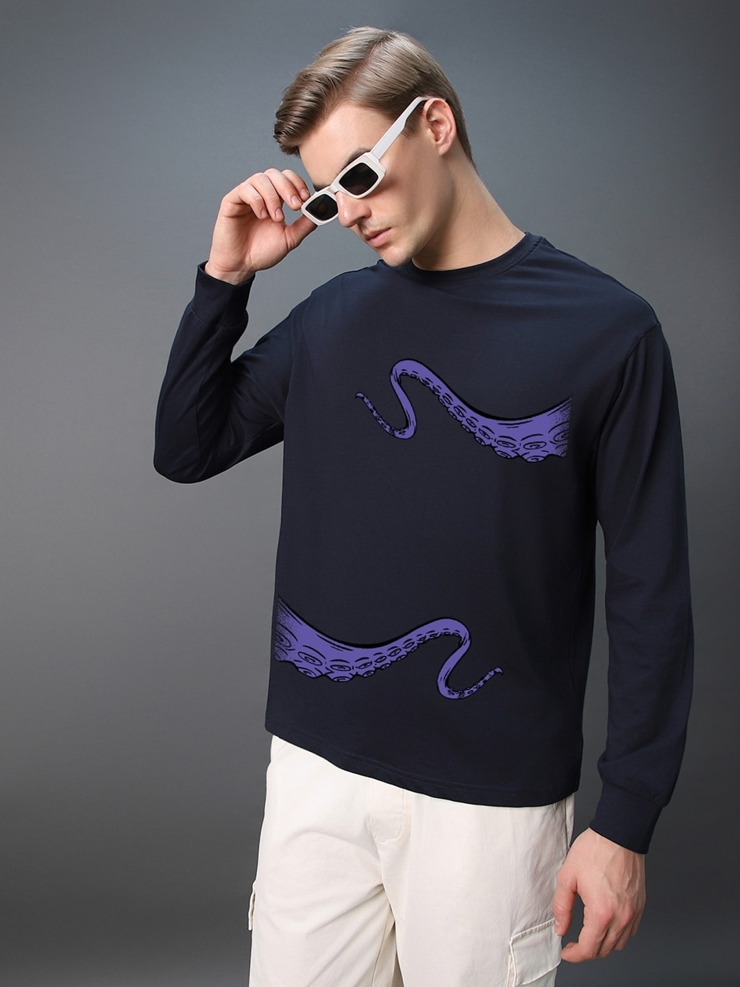 Bewakoof Blue Kraken Printed Round Neck Long Sleeves Cotton Oversized T-shirt