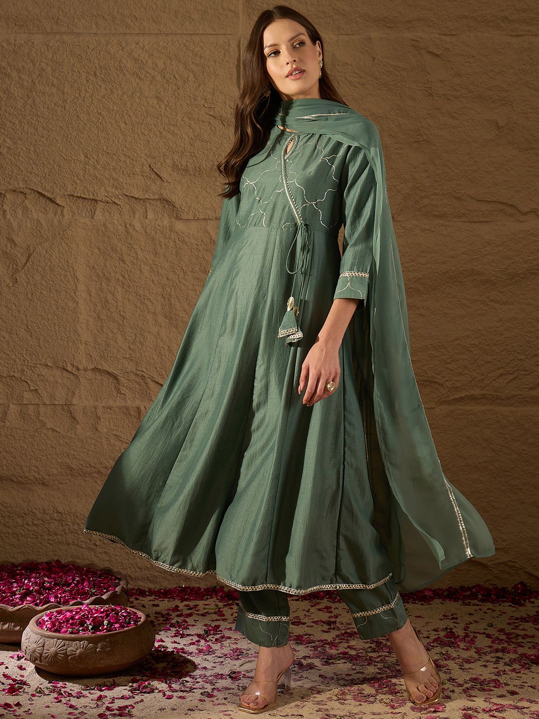 KALINI Keyhole Neck Ethnic Printed Angrakha Gotta Patti Kurta with Trousers & Dupatta
