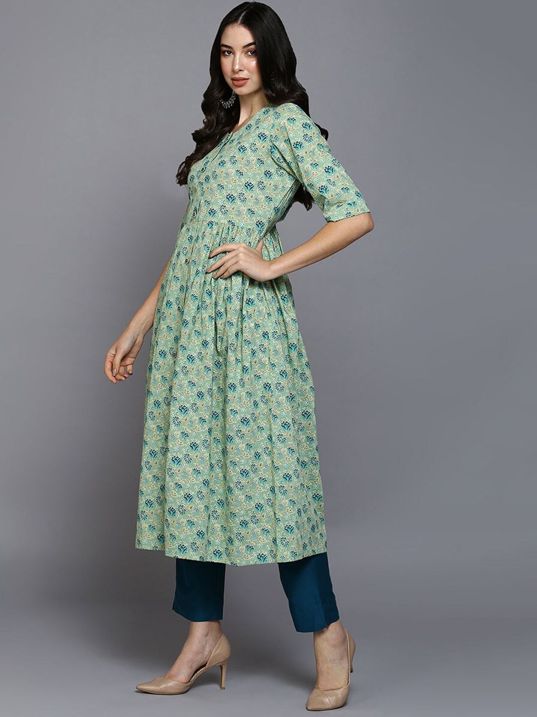 Women's Coral Floral Embroidered Cotton A-Line Kurta