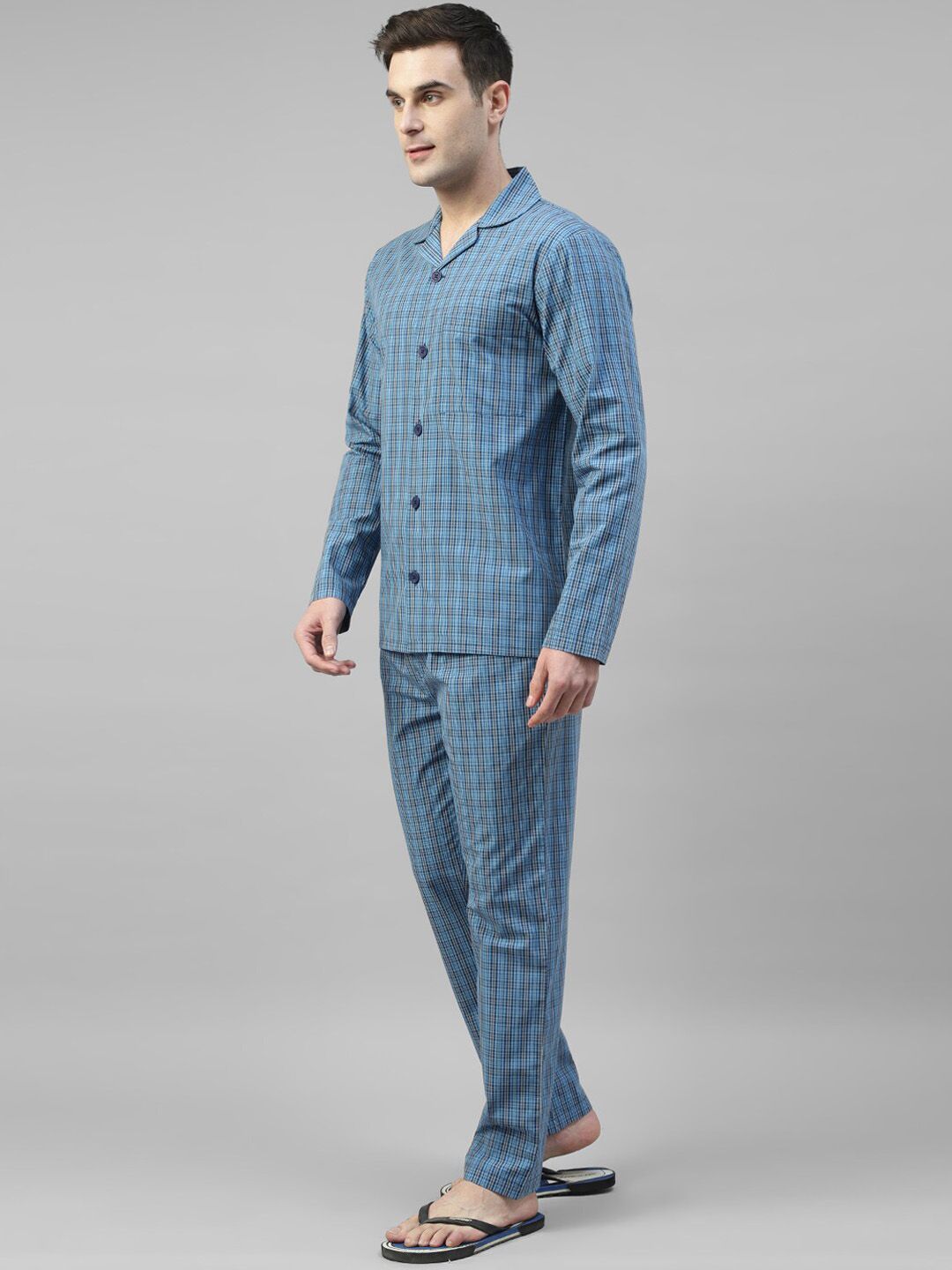 Hancock Checked Lapel Collar Long Sleeves Cotton Relaxed Fit Night suit 28031Blue-image-25