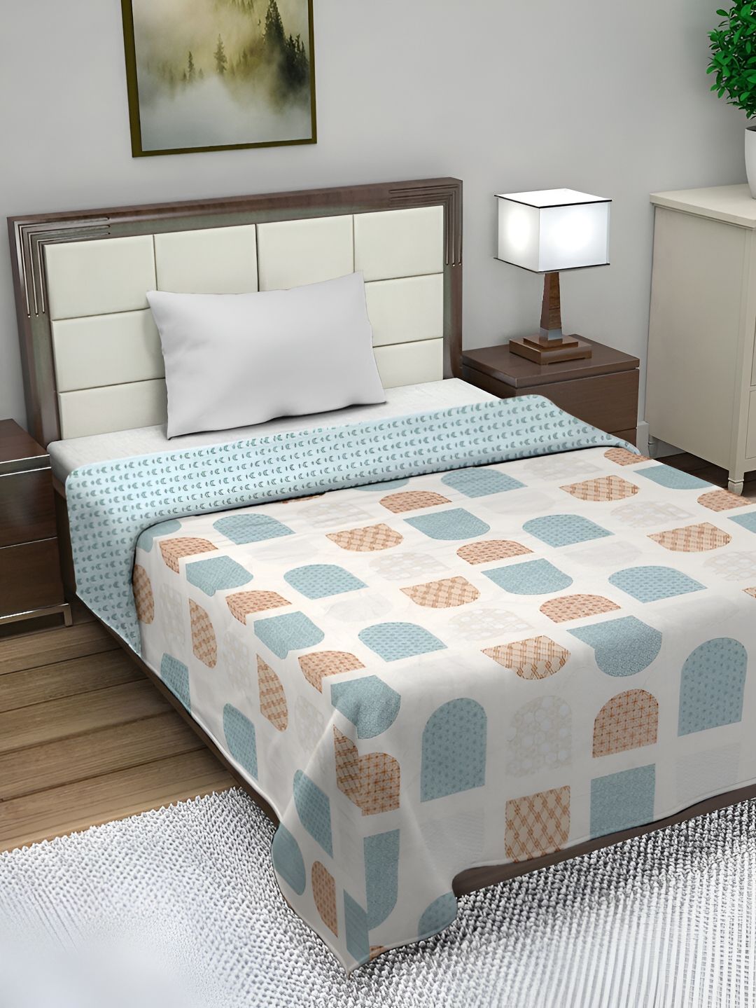 FABINALIV White & Blue Geometric Mild Winter 350 GSM Single Reversible Bed Comforter-image-41