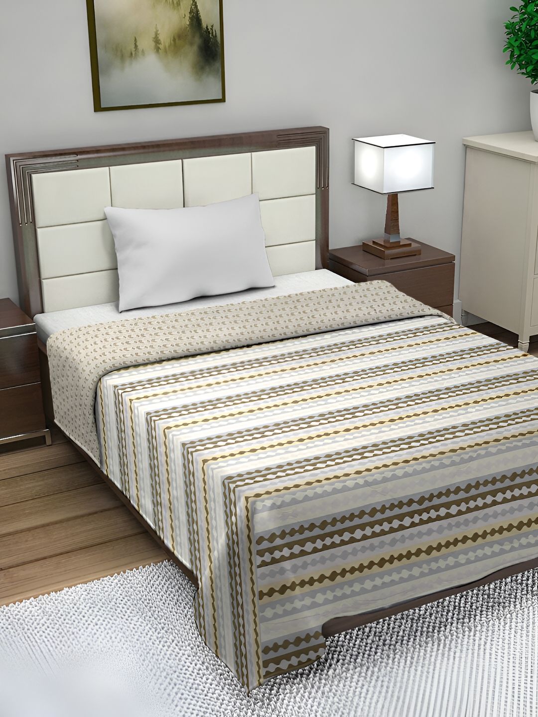 FABINALIV White & Brown Striped  Mild Winter 350 GSM Single Reversible Bed Comforter-image-40