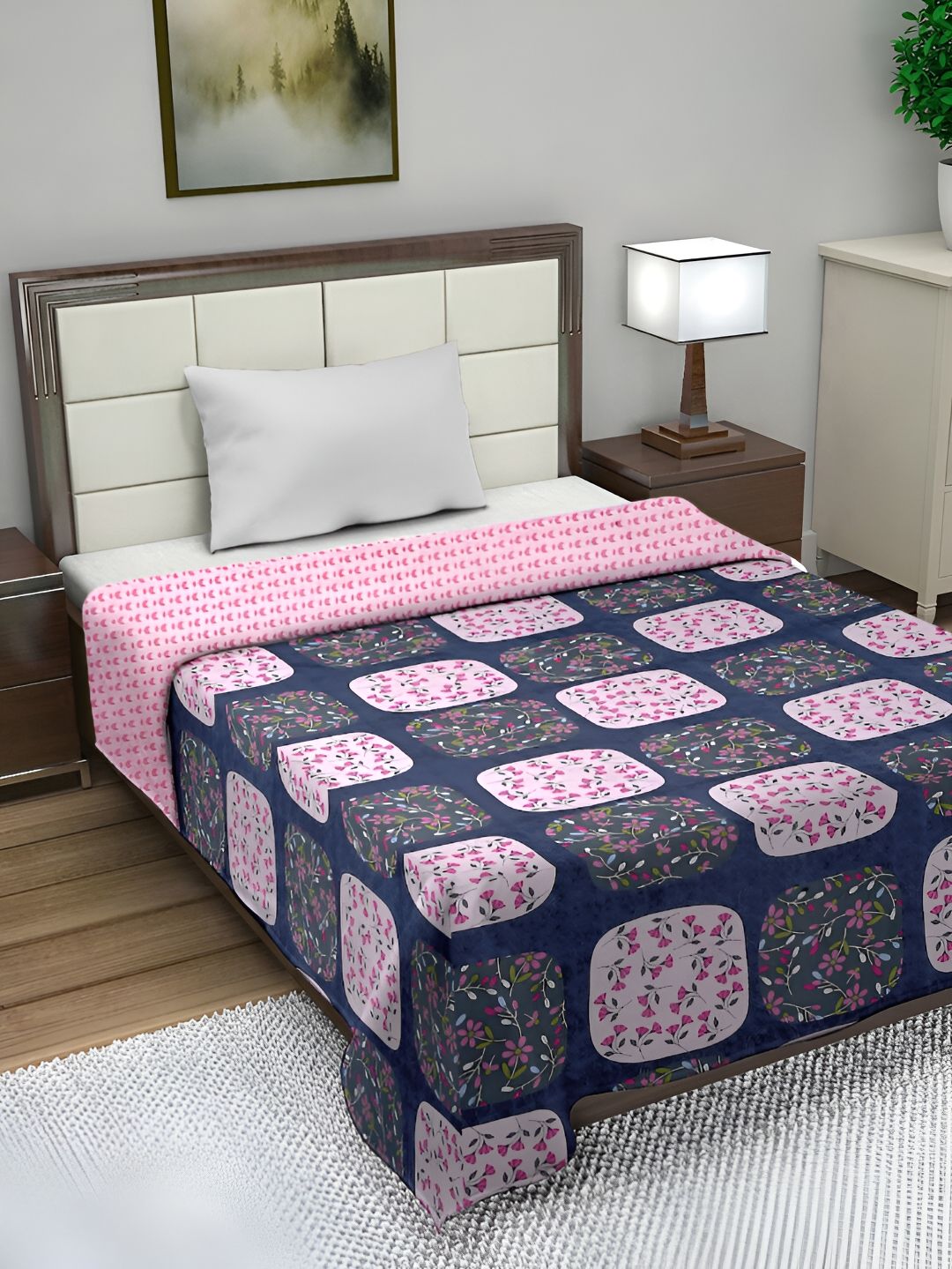 FABINALIV Blue & Pink Floral Mild Winter 350 GSM Single Reversible Bed Comforter-image-39