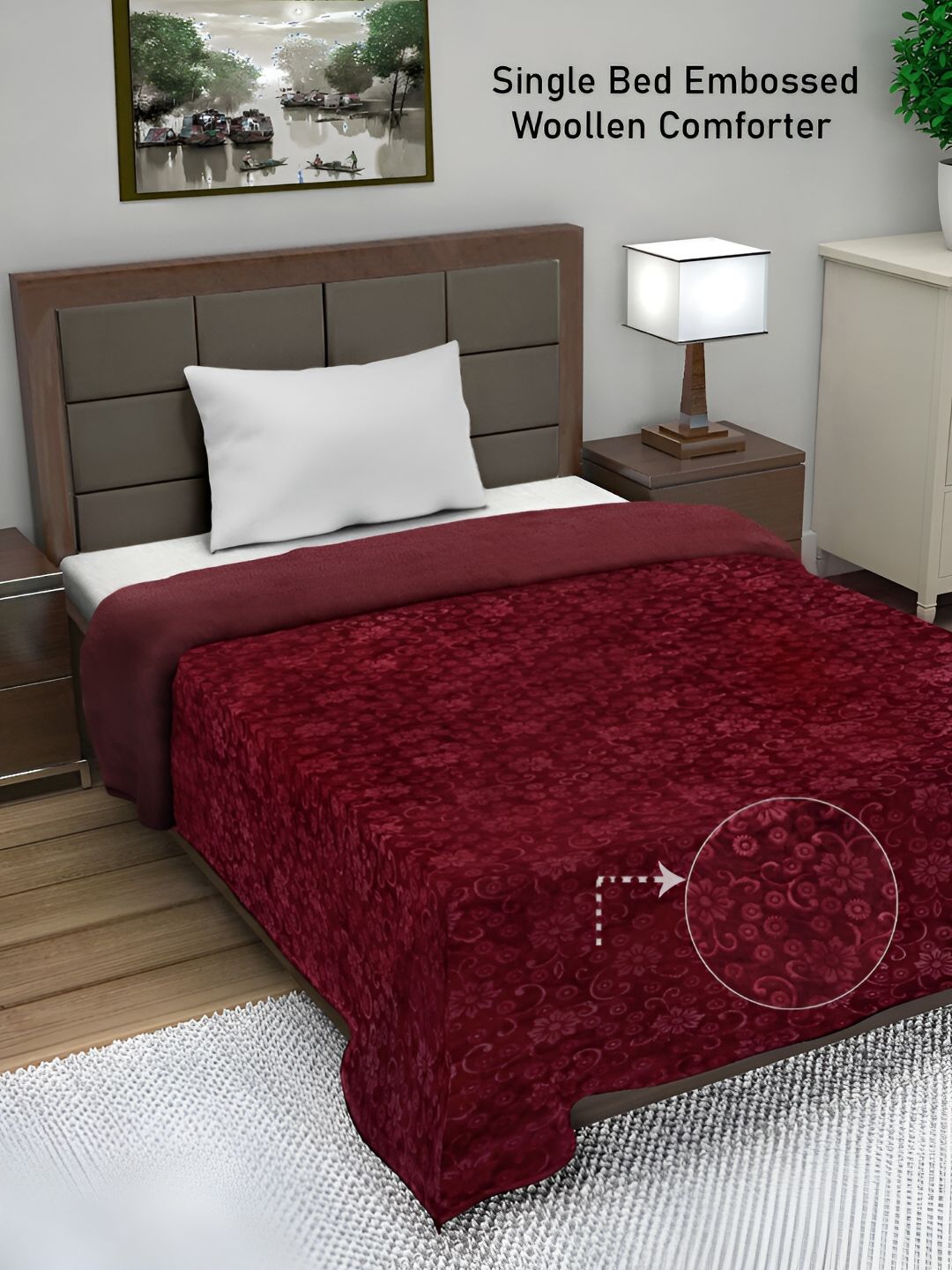 FABINALIV Maroon Floral Woollen Mild Winter 500 GSM Single Bed Comforter-picture-19