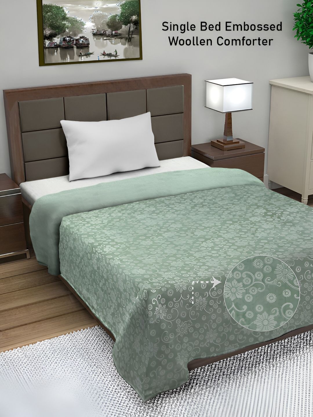 FABINALIV Green Floral Woollen Mild Winter 500 GSM Single Bed Comforter-picture-14