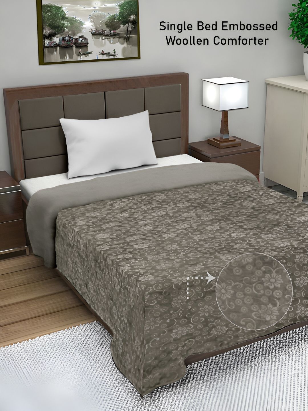 FABINALIV Taupe Floral Woollen Mild Winter 500 GSM Single Bed Comforter-picture-11