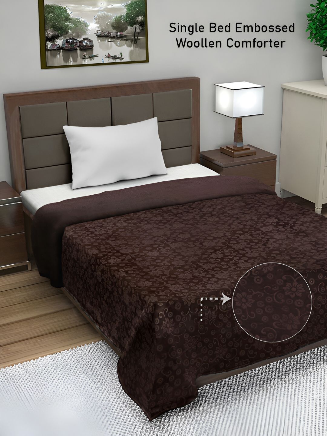 FABINALIV Coffee Brown Floral Woollen Mild Winter 500 GSM Single Bed Comforter-picture-44