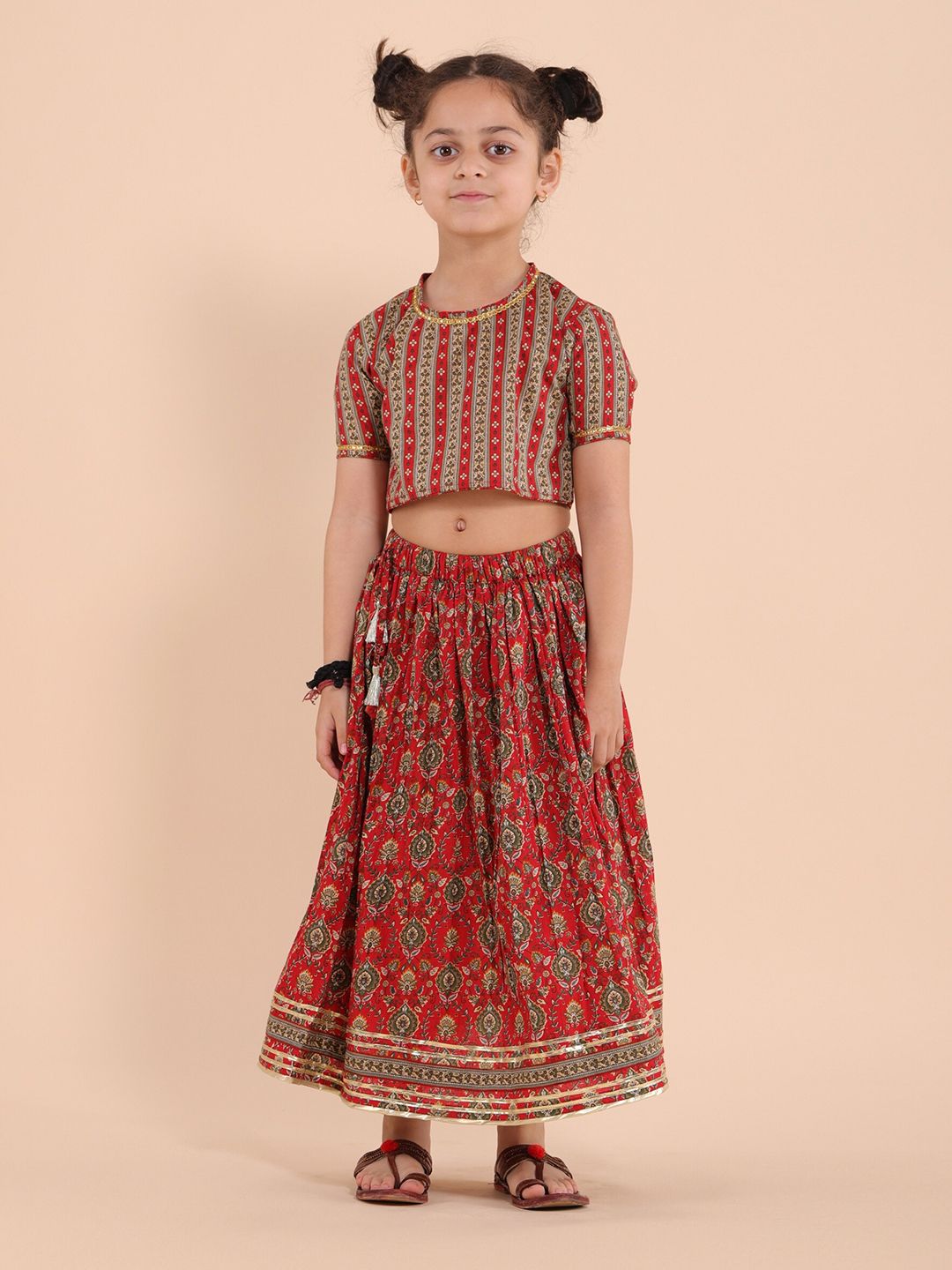 Sangria Red Girls Floral Printed Pure Cotton Round Neck Lehenga With Choli-picture-37