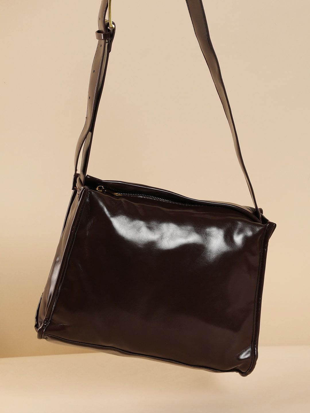 HAUTE SAUCE Brown Zip Detail Leather Structured Sling Bag Handbag