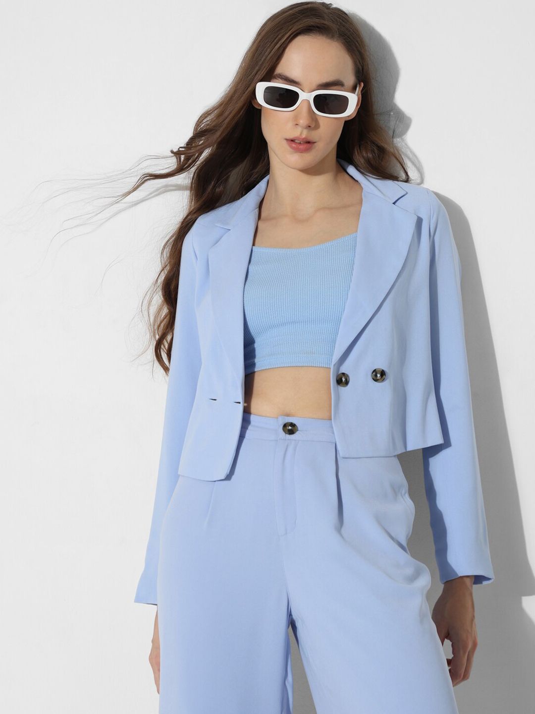 ONLY Notched Lapel Collar Double Breasted Tailored Fit Crop Casual Blazers