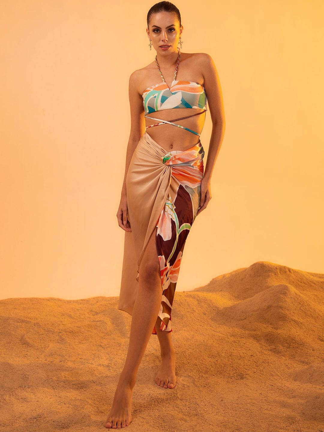 Tizzi Floral Printed Satin Bandeau Skirt-image-32