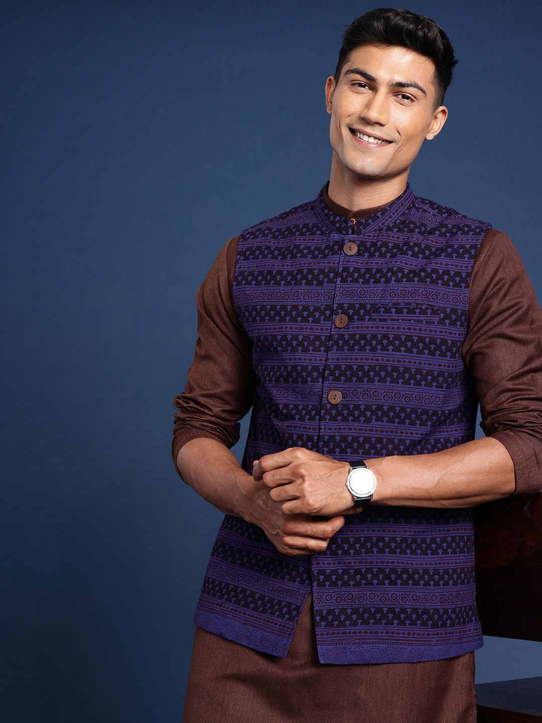 Taavi Mandarin Collar Ethnic Printed Bagh Nehru Jacket-picture-31