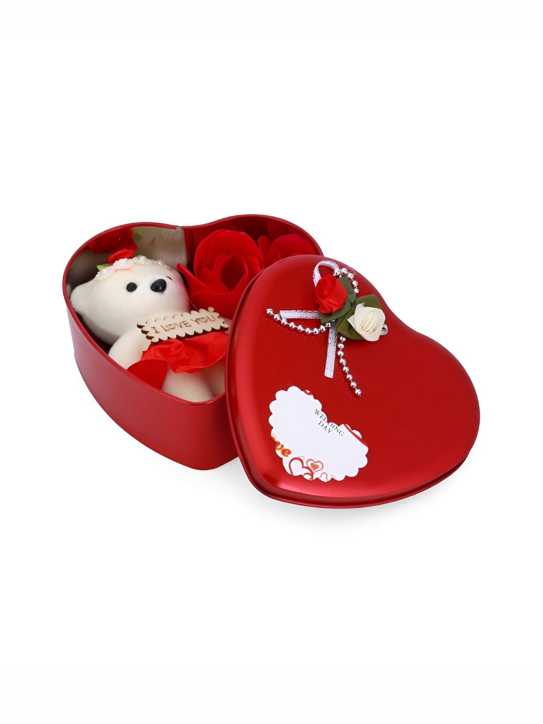 CraftVatika Red Heart Shape Gift Box With Teddy & Rose-image-44