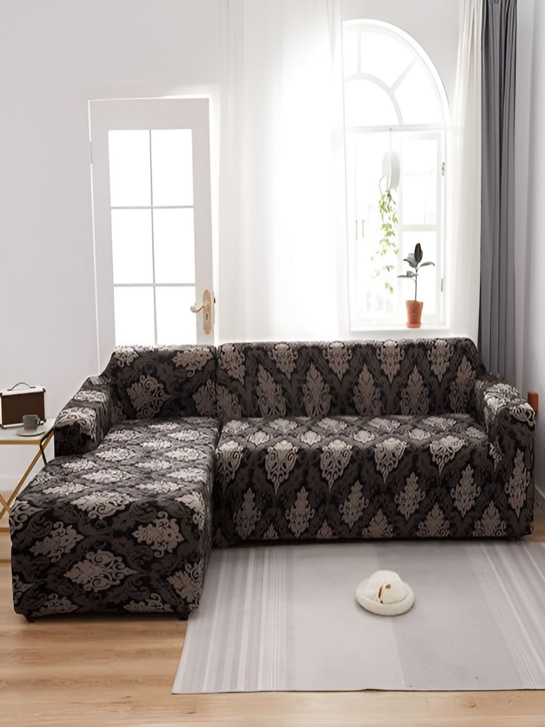 HOUSE OF QUIRK Black & Brown 2 Pcs Ethnic Motifs L Shape 6 Seater Elasticated Sofa Covers-image-14