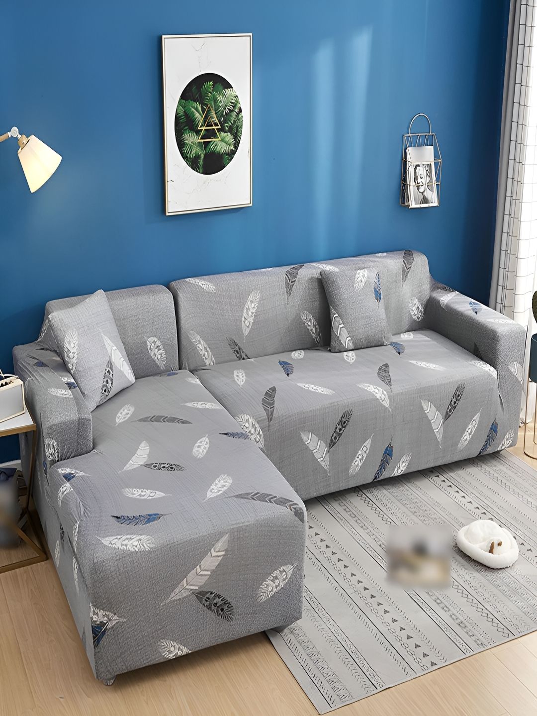 HOUSE OF QUIRK Grey & White 2 Pcs Floral Printed L Shape 6 Seater Elasticated Sofa Covers-picture-32