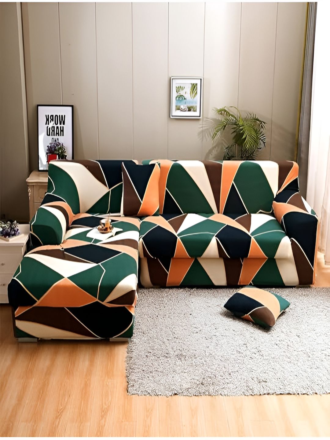 HOUSE OF QUIRK Green & Orange 2 Pieces Printed Sofa Cover-image-28