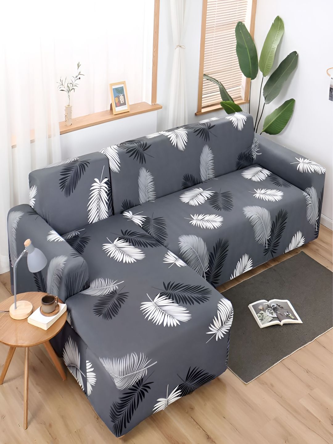 HOUSE OF QUIRK Grey & White 2 Pieces Floral Printed L - Shape Sofa Cover-image-4