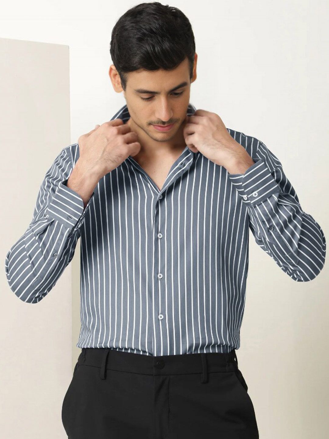 MISCHIEF MONKEY Classic Striped Cotton Spread Collar Curved Formal Shirt-picture-16