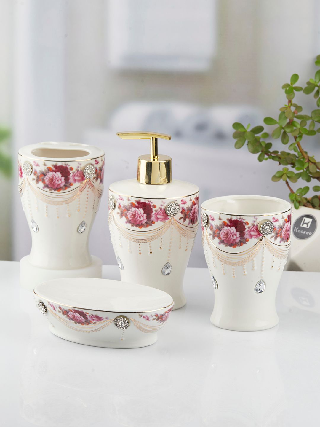 Kookee White & Pink 4 piece Floral Printed Ceramic Bath Accessories Set-picture-11