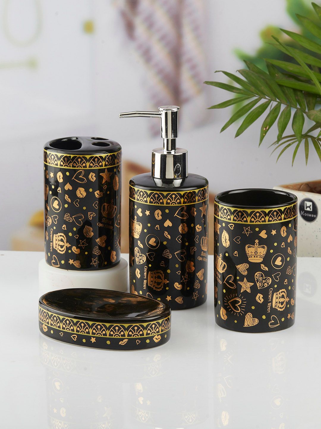Kookee Black 4 piece Abstract Ceramic Bath Accessories Set-picture-21