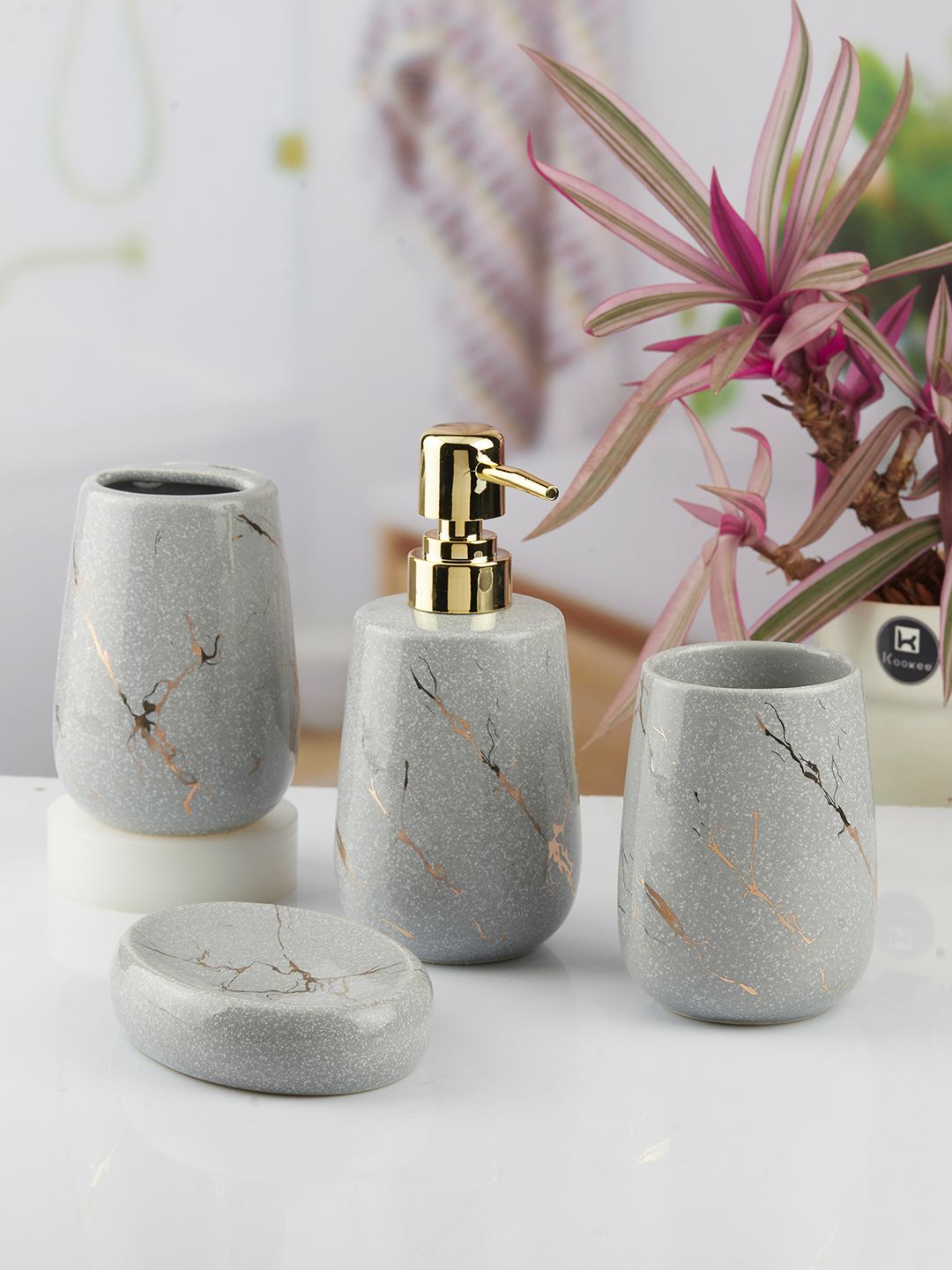 Kookee Grey 4 Piece Abstract Ceramic Bath Accessories Set-picture-56