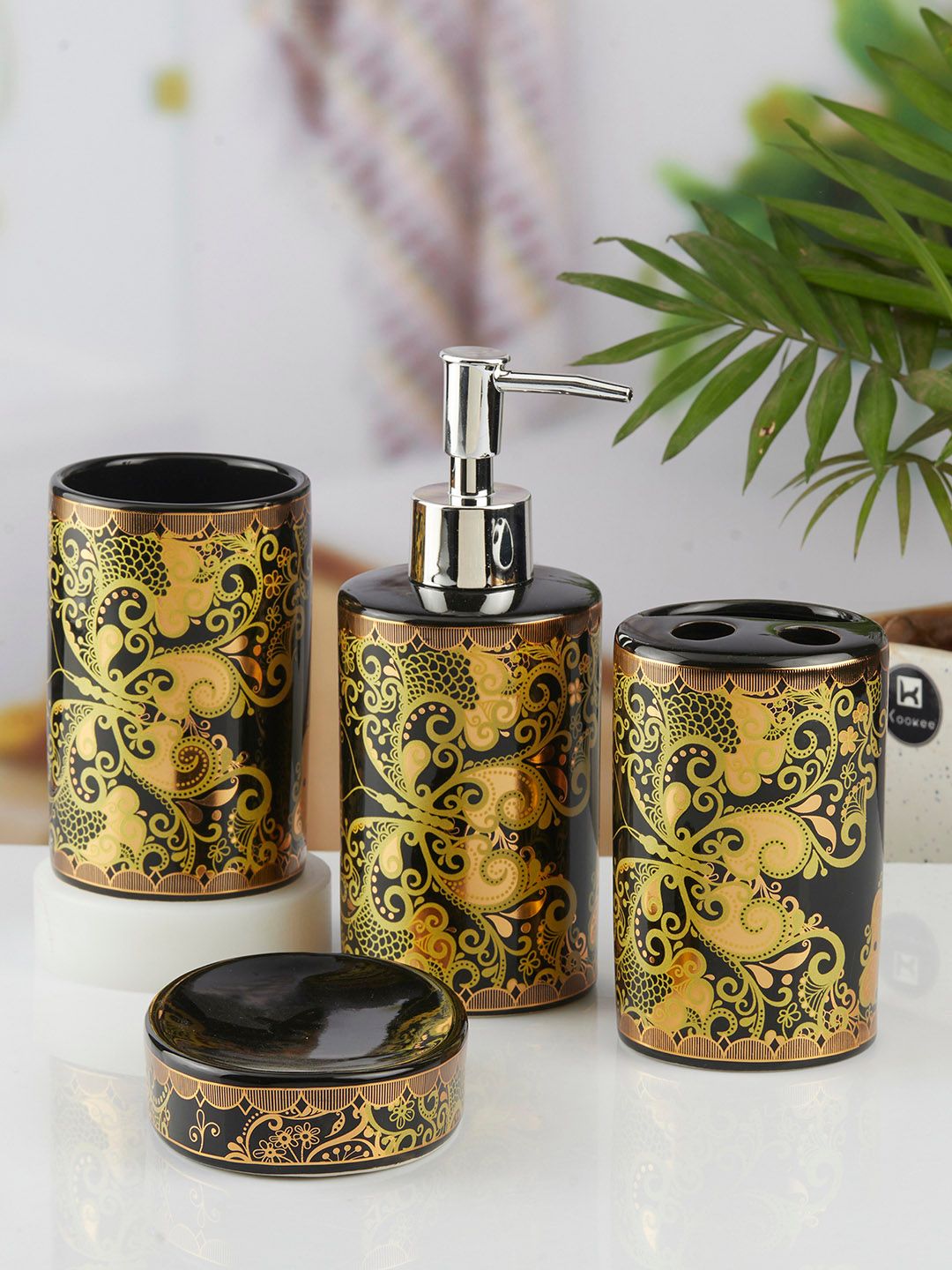 Kookee Black & Gold toned 4 Pcs Ethnic Printed Glossy Finish Ceramic Bath Accessories Set-picture-36