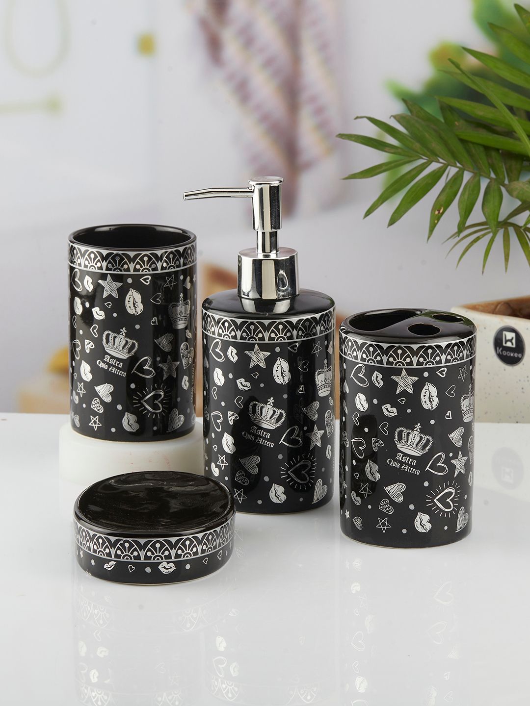 Kookee Black Abstract 4 Pieces Ceramic Bath Accessories Set-image-13