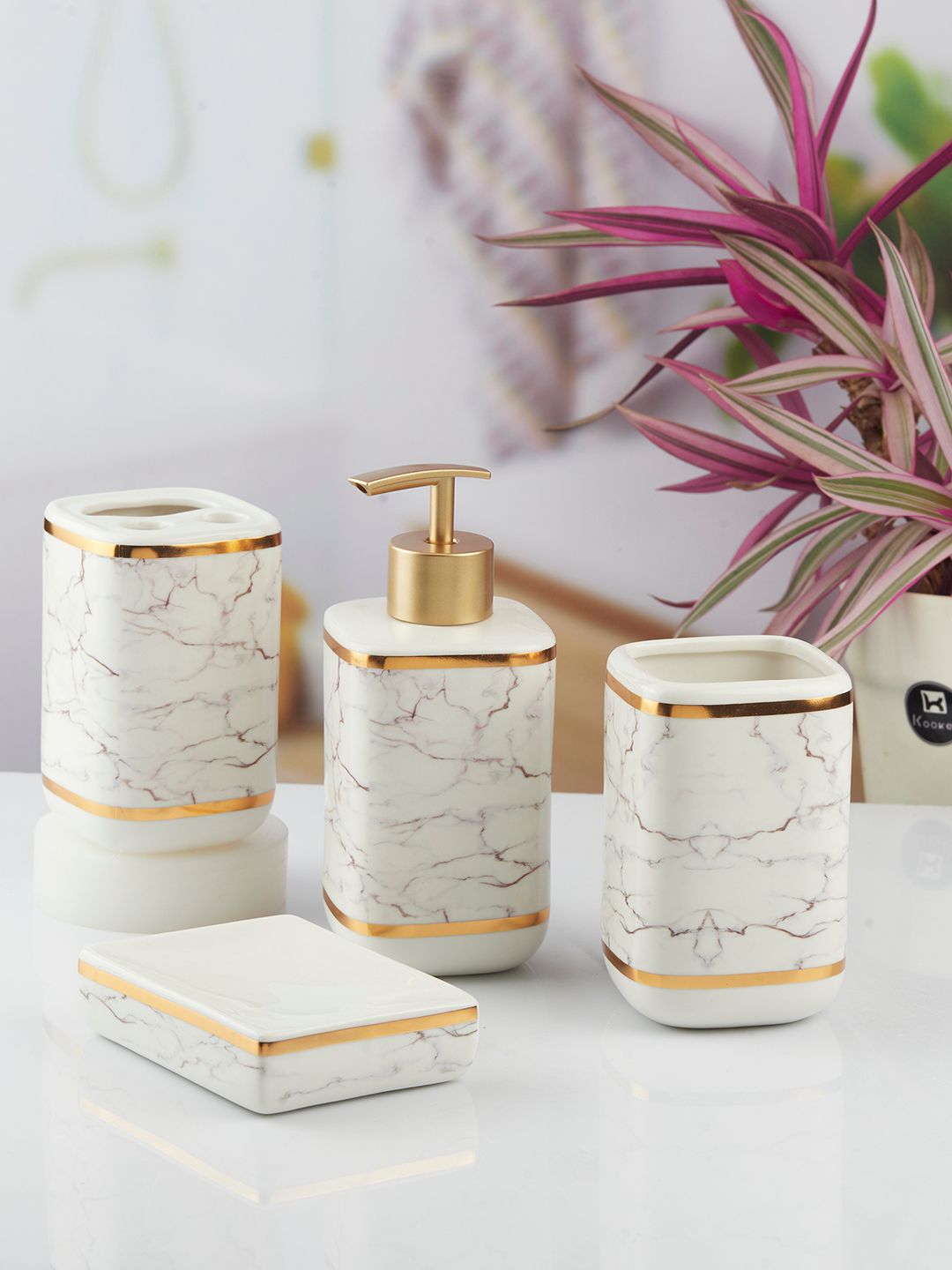 Kookee White 4 pieces Abstract Ceramic Bath Accessories Set-picture-18