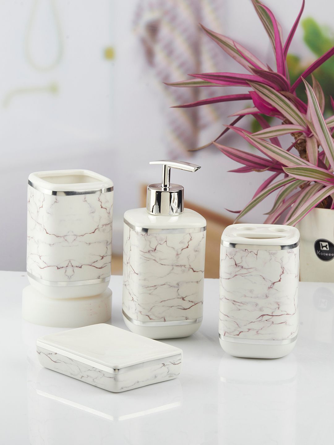 Kookee White 4 Pieces Abstract Ceramic Bath Accessories Set-picture-17