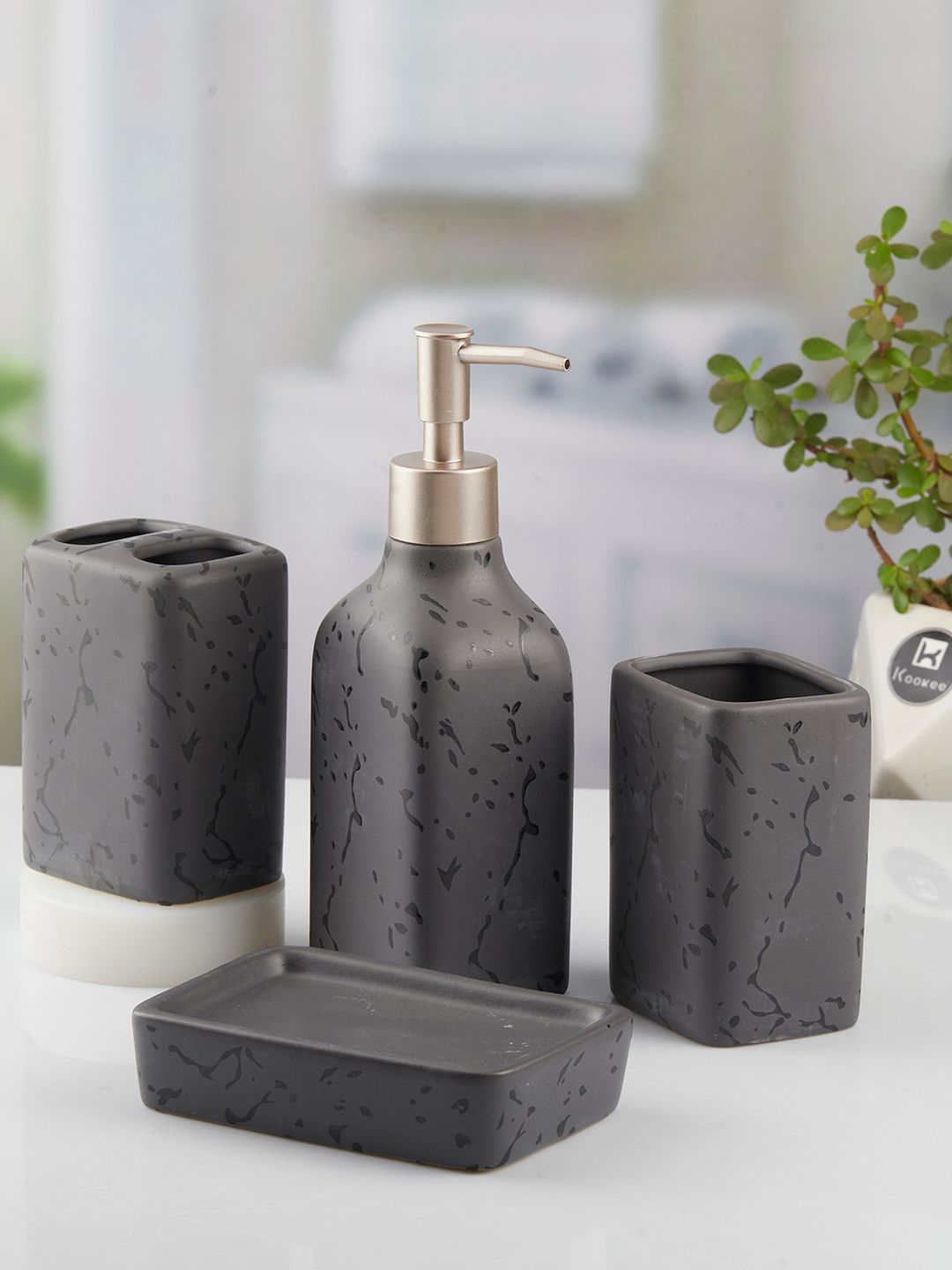 Kookee Grey 4 Pieces Abstract Glossy Ceramic Contemporary Bath Accessories Set-picture-50