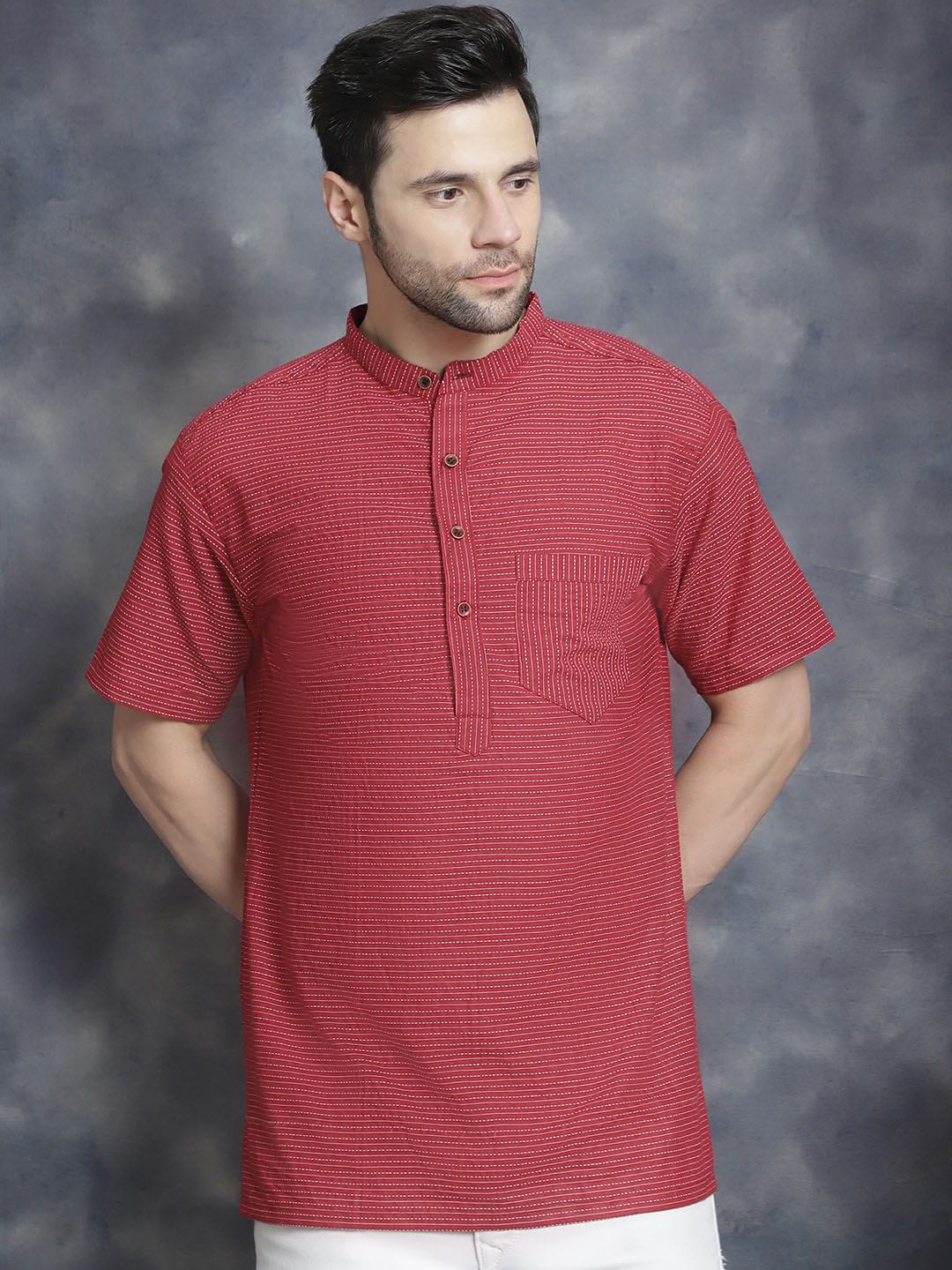 Sayesha Striped Band Collar Long Sleeves Pure Cotton Straight Kurta-picture-12