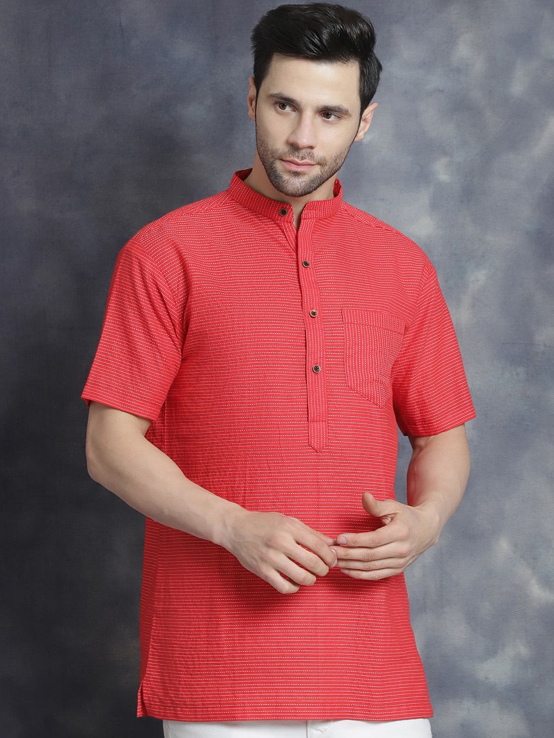 Sayesha Striped Band Collar Long Sleeves Pure Cotton Straight Kurta-picture-13