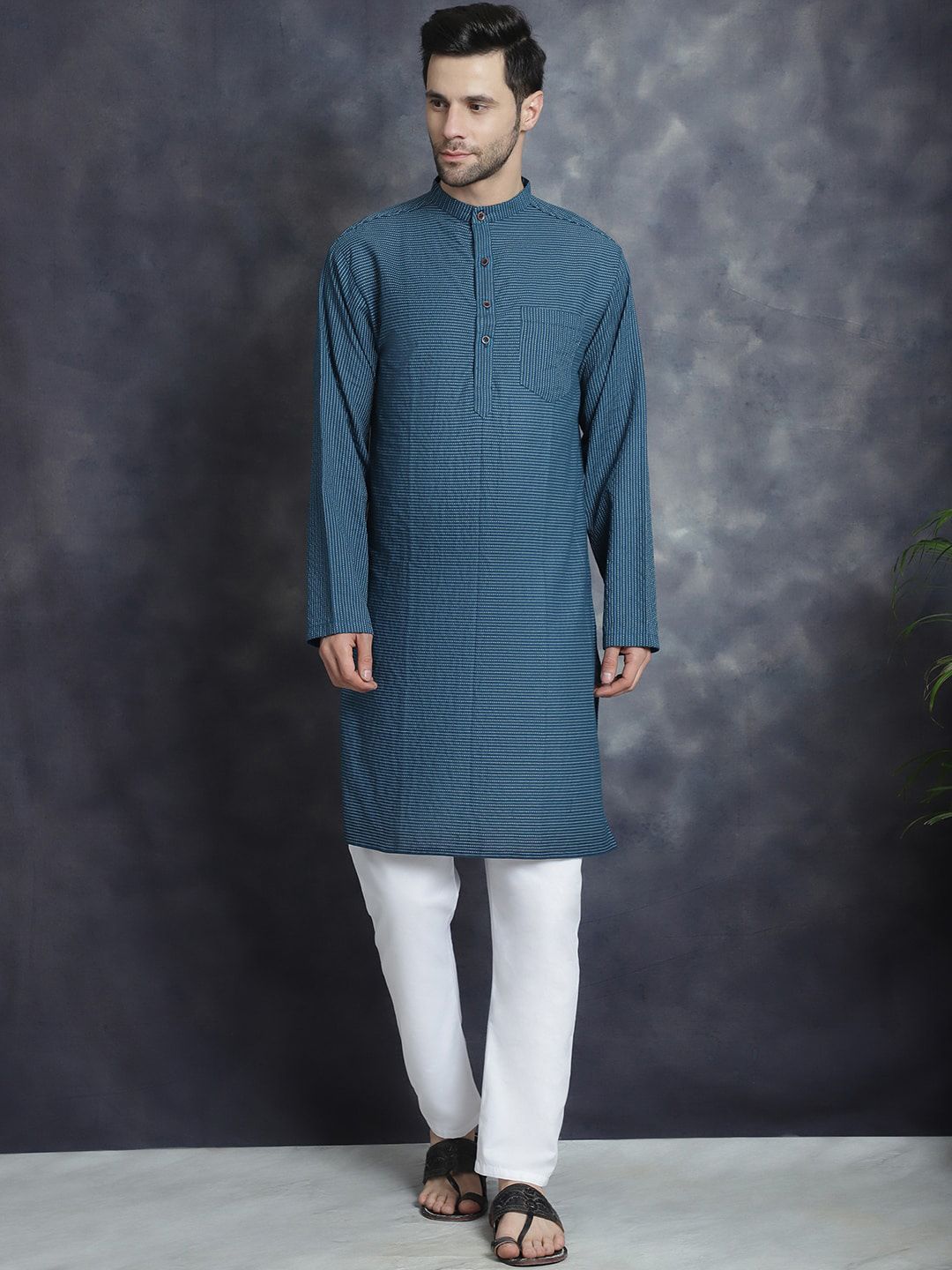 Sayesha Striped Band Collar Long Sleeves Pure Cotton Straight Kurta-picture-25