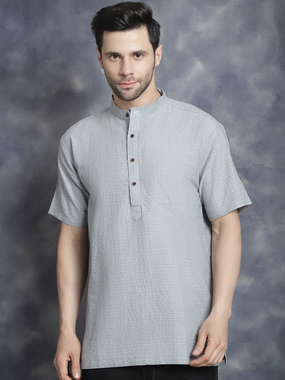 Sayesha Striped Band Collar Long Sleeves Pure Cotton Straight Kurta-picture-14