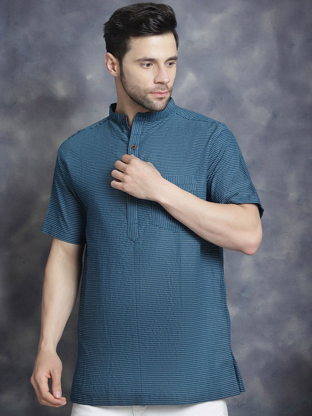 Sayesha Striped Band Collar Long Sleeves Pure Cotton Straight Kurta-picture-24