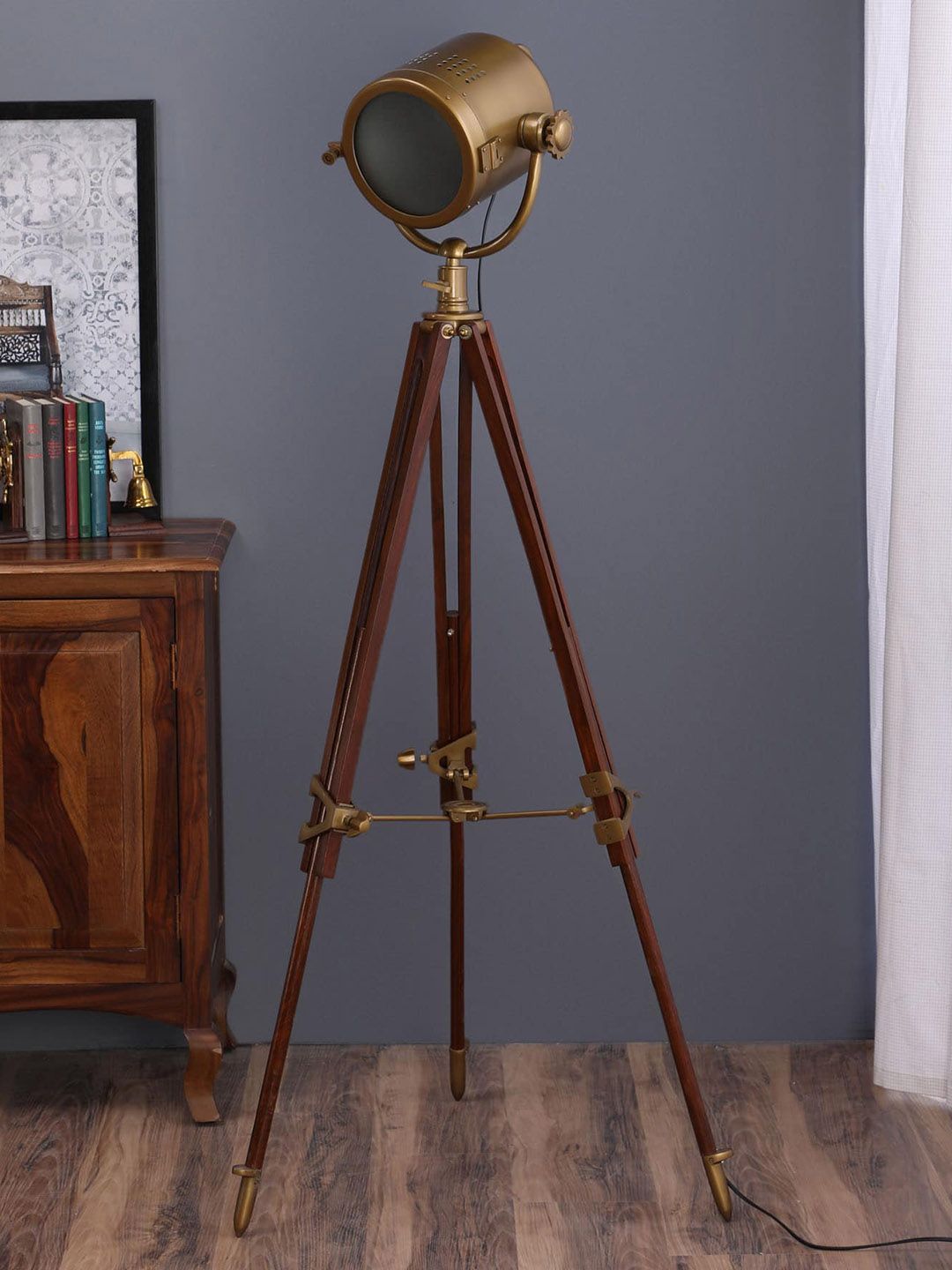 pristine interiors Gold Toned & Red Aluminium Endeavour Tripod Spot Light Floor Lamp-picture-10