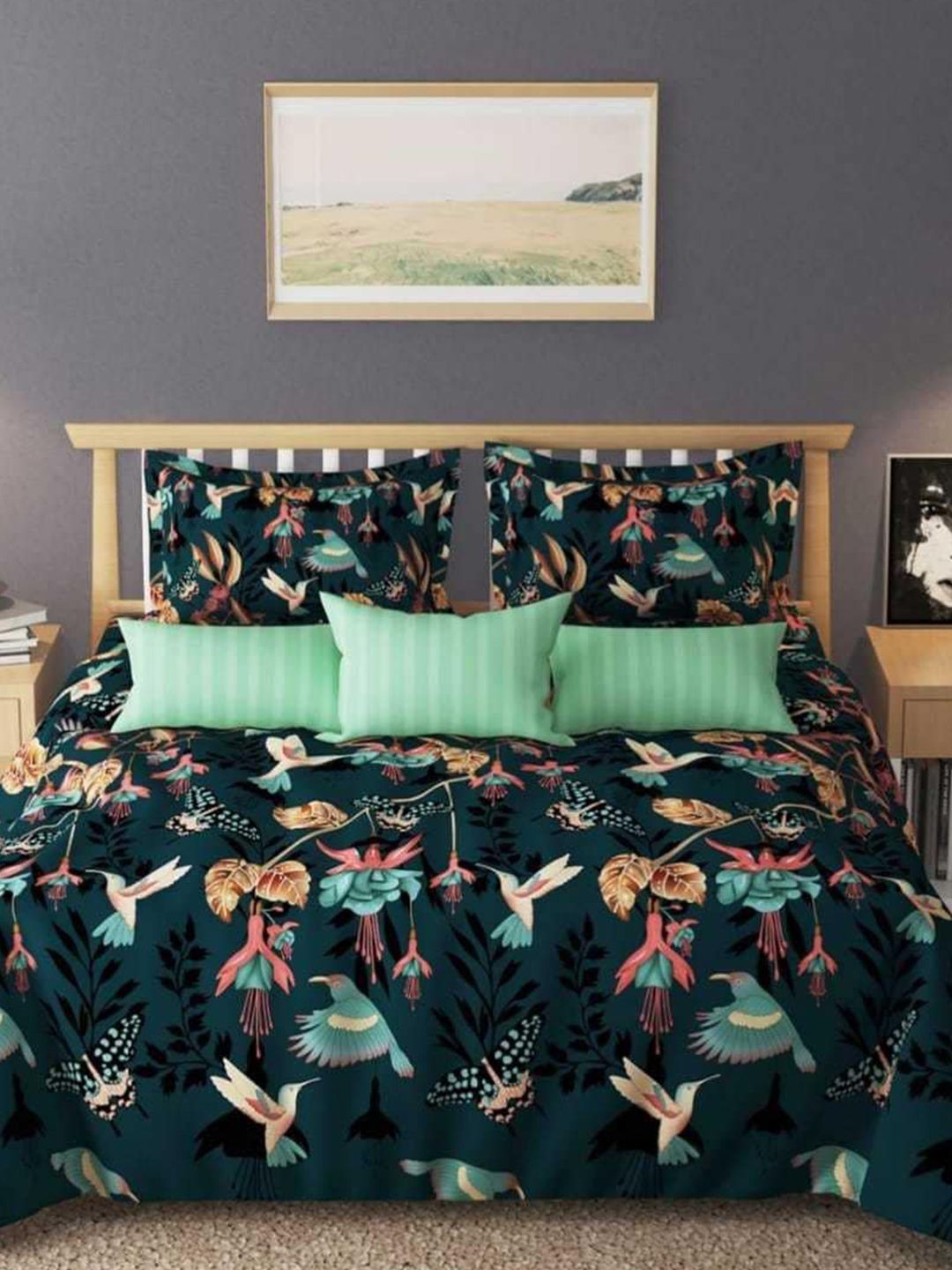 Laying Style Green 4 Pieces Floral Printed Double King Sized Bedding Set-image-5