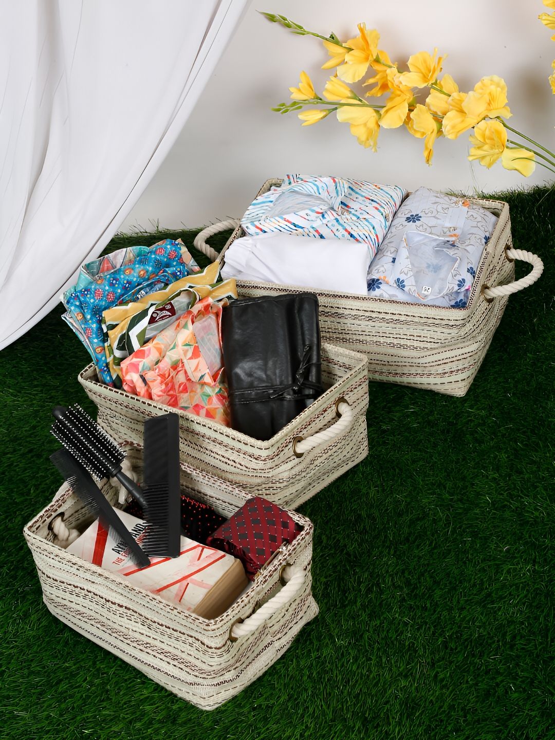 DREAM WEAVERZ Beige 3 Pieces Woven Jute Cotton Regular Tote Basket Organisers-image-42