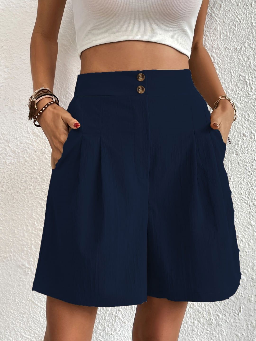 StyleCast Women Navy Blue Mid-Rise Above Knee Shorts-picture-26