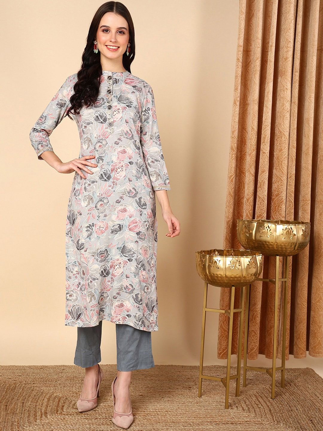 KALINI Floral Printed Mandarin Collar Straight Kurta-picture-29